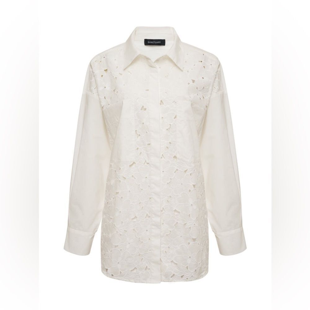 Sanctuary Lace Boyfriend Tie Back White Shirt | Size Small - Picture 11 of 13